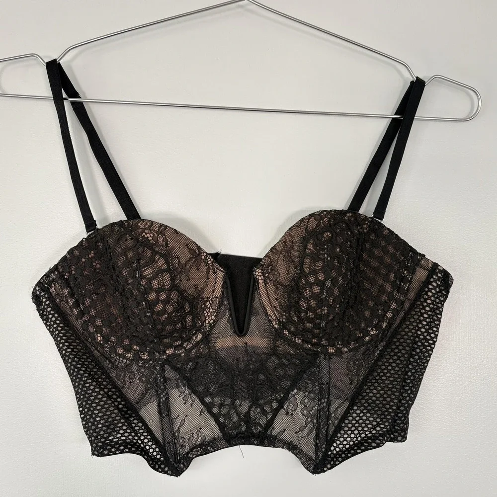Victoria's Secret Bustier Womens 36B Black Lace Longline Strapless Boned Top‎